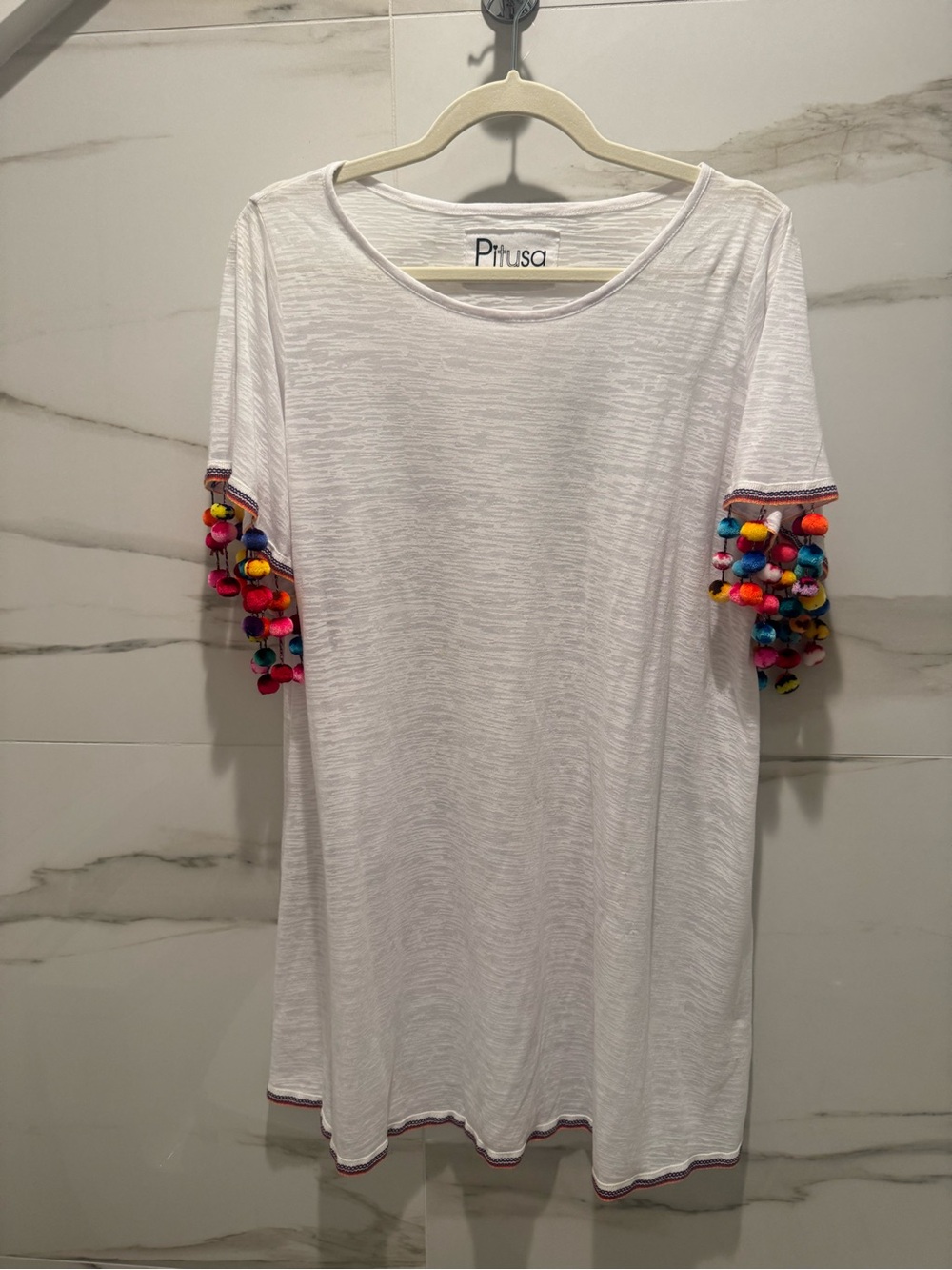 Pitusa White Tunic Dress with Multicolor Pom Trim